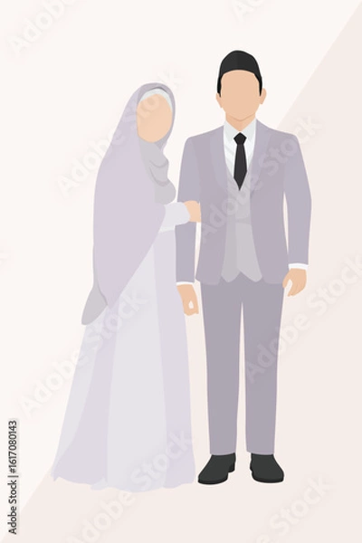 Fototapeta Muslim bride in hijab and groom in wedding suit standing together with soft color tones, perfect for vector assets in wedding-themed Islamic content
