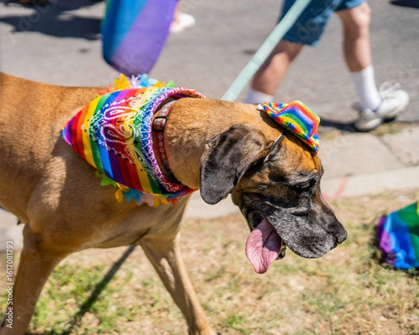 Fototapeta Large Great Dane dog wearing rainbow accessories walking on leash during pride event