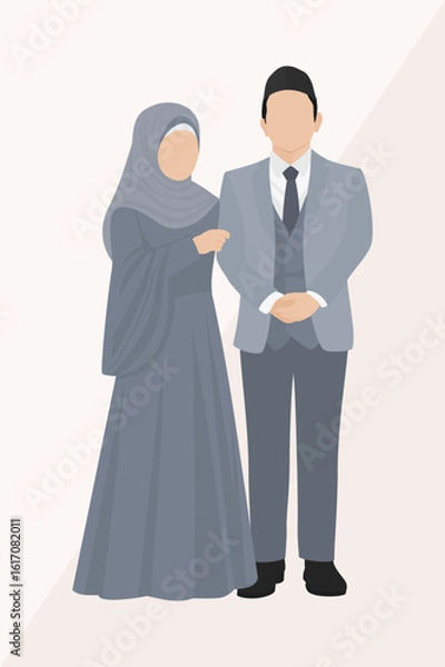 Fototapeta Muslim couple wedding vector with pastel palette and clean background, great for use in romantic Islamic celebration designs, invitations, or branding projects