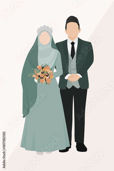 Fototapeta Vector illustration of Muslim bride in hijab and groom in soft-colored outfit, standing together with clean backdrop, perfect for Islamic wedding design assets