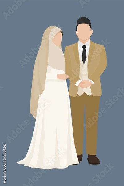 Fototapeta Soft pastel Muslim wedding couple vector illustration with hijab bride and groom in elegant outfit standing together on plain background, perfect for invitations