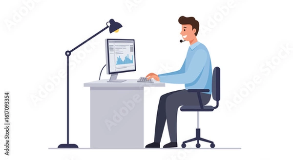 Fototapeta Smiling Man Working on Computer at Desk.