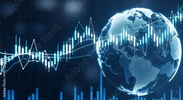 Fototapeta Digital globe overlayed with financial data charts and graphs
