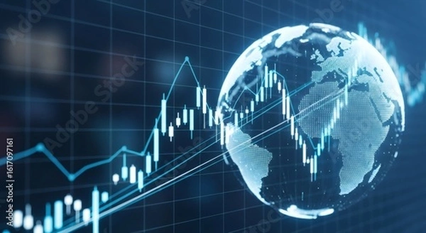 Fototapeta Digital globe with stock market candlestick chart and line graph