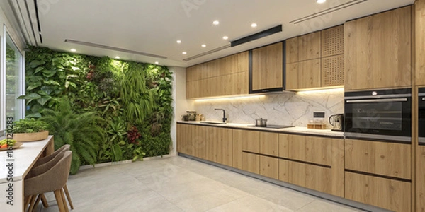 Obraz Kitchen with living green wall, bamboo cabinets, and solar-powered lighting.
