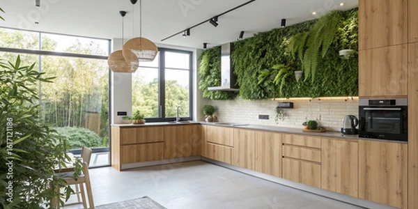 Obraz Kitchen with living green wall, bamboo cabinets, and solar-powered lighting.
