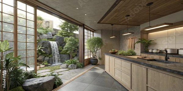 Obraz Zen-style kitchen with indoor plants, stone counters, and a waterfall feature.
