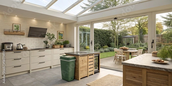 Obraz Eco-modern kitchen with skylights, compost station, and garden view.
