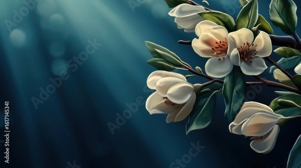 Fototapeta Blossoms of magnolia illuminated by soft sunlight in a tranquil atmosphere