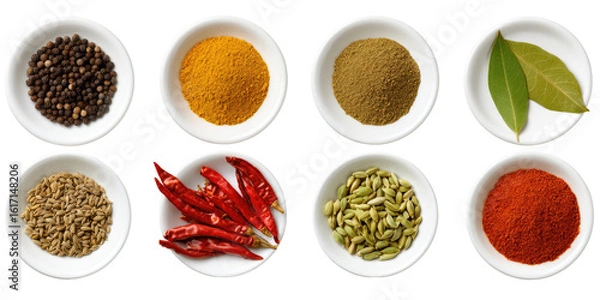 Fototapeta Assorted spices in small white bowls (3)