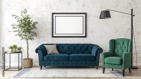 Fototapeta Modern Living Room with Framed Poster and Elegant Color Contrast