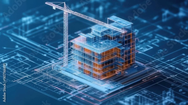 Fototapeta construction building information modeling bim concept with 3d model and blueprints vector illustration