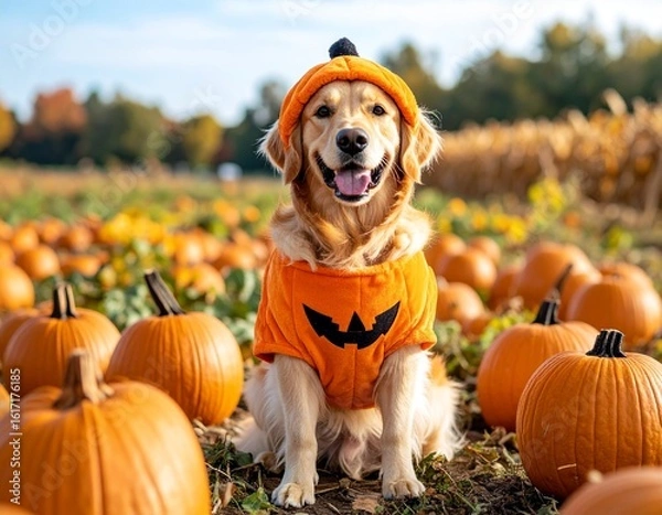 Obraz Golden Retriever in a Pumpkin Costume at a Pumpkin Patch