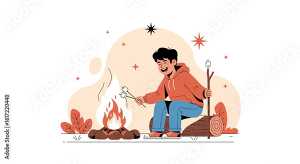 Fototapeta A happy camper roasting marshmallows over a cozy campfire under a starlit sky