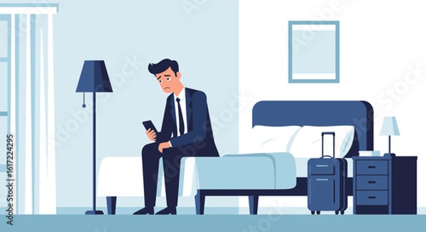 Fototapeta Disappointed Businessman Sits on Bed With Smartphone in Hotel Room