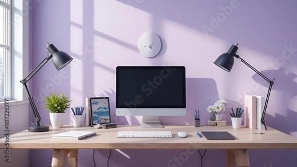 Fototapeta Minimal office desk setup featuring digital tools and notebooks on a pastel lavender background, softly lit with realistic shadows, 32k, full ultra hd, high resolution