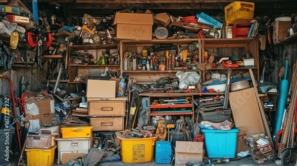 Fototapeta A cluttered garage full of dusty junk like tools, toys, and boxes waiting to be sorted