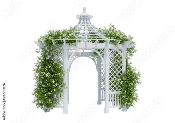 Fototapeta Elegant white gazebo adorned with lush green foliage isolated on transparent background