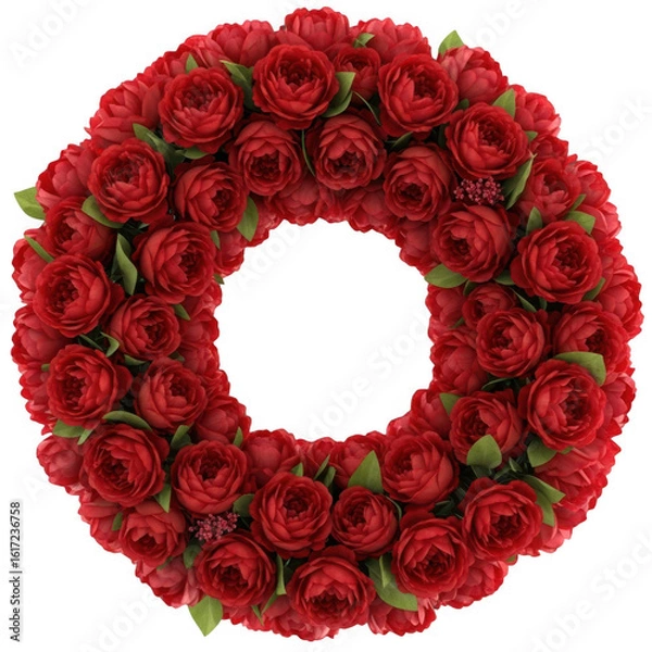 Fototapeta A lush circular wreath crafted from numerous vibrant red roses isolated on transparent background