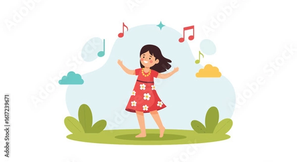 Obraz Joyful girl dancing happily in nature surrounded by musical notes illustration