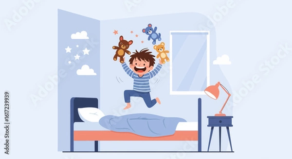 Fototapeta Joyful kid playing in his bedroom with teddy bears, filled with childhood happiness