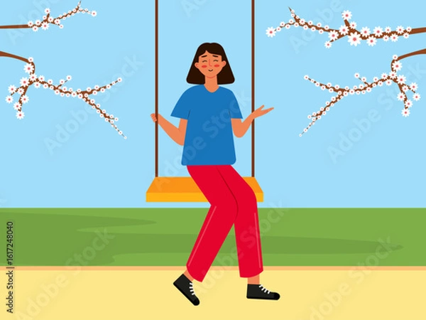 Fototapeta Young girl sitting on a swing in the park. Spring illustration. Flat vector illustration design.