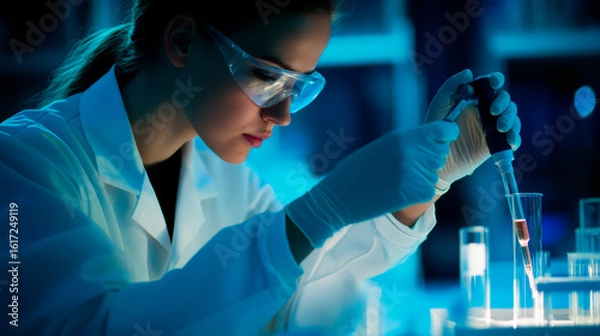 Fototapeta Female scientist working in a laboratory using a pipette with a test tube.