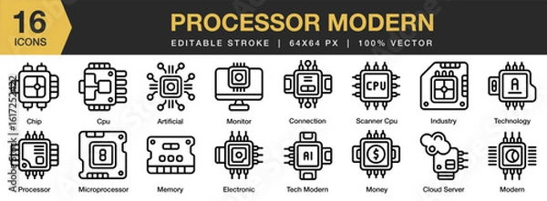 Obraz Processor Modern icon set. Editable Stroke Icon Collection. Includes processor, technology, computer, modern, data, and More. Outline icons vector collection.