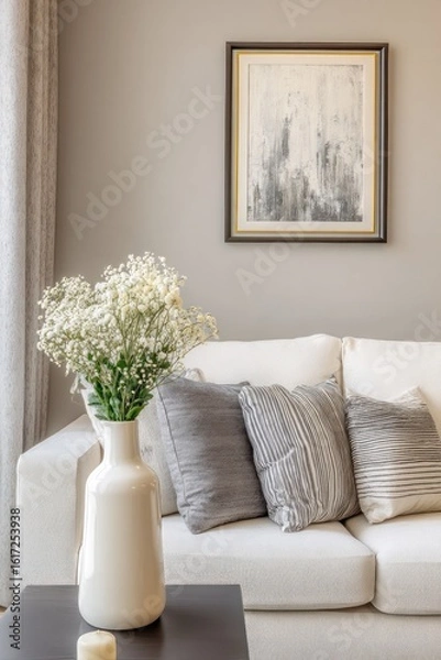 Fototapeta Elegant Living Room With Comfortable White Sofa, Stylish Grey Cushions, And Decorative Vase Creating A Cozy Atmosphere