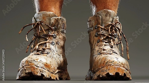 Fototapeta Muddy hiking boots wellworn and soiled