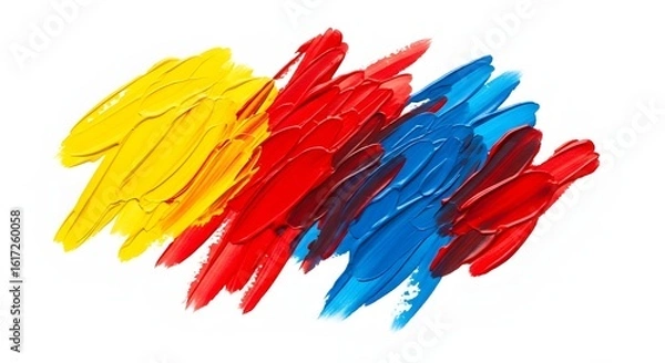 Fototapeta Expressive brushstrokes of primary colors. Abstract background with yellow, red, and blue acrylic paint texture isolated on white.