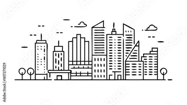 Fototapeta A minimalist black and white outline illustration of a modern city skyline with various architectural buildings and trees