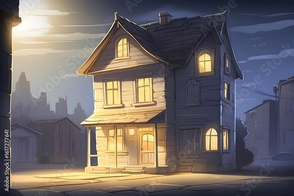 Fototapeta Crooked Three-Story House Illuminated at Night with Soft Moonlight and Shadows