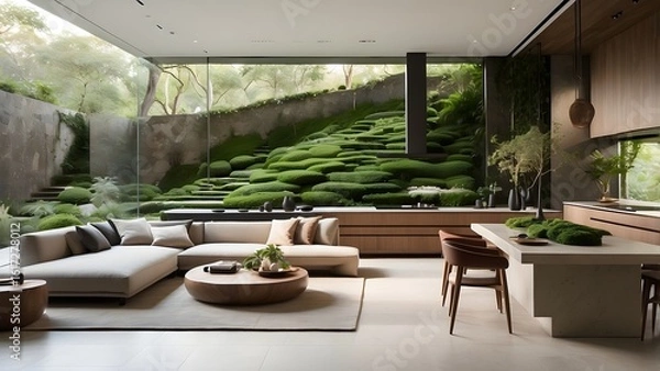 Fototapeta Modern High-End House Interior with Lush Green Forest View and Natural Light