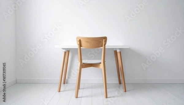 Fototapeta Scandinavian Minimalist Workspace Featuring White Desk Wooden Chair and Empty Interior Space
