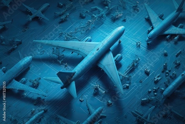 Obraz Blue airplane models on a blueprint-like surface
