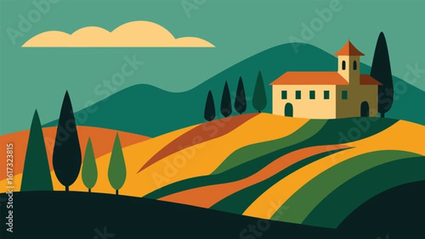 Fototapeta Tuscan landscape with villa and rolling hills