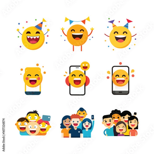 Fototapeta World Emoji Day design elements in a bold black silhouette vector style. Features fun and expressive emoji faces, perfect for your social posts, ads, and prints.