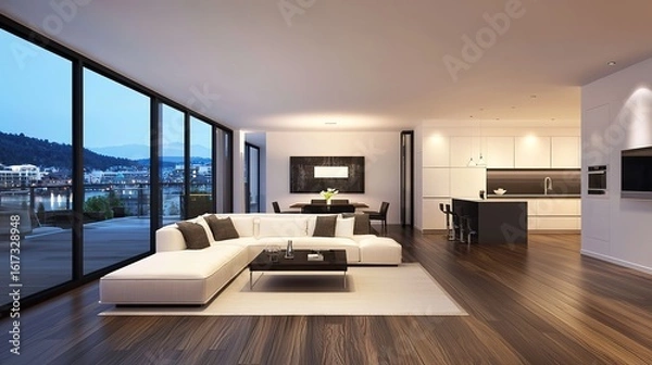 Fototapeta A modern, spacious living room with floor-to-ceiling windows, elegant furniture, a dining area, and an open kitchen featuring sleek design and wooden flooring.