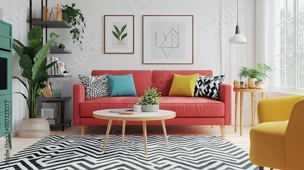 Fototapeta A bright, modern living room with a red sofa, colorful cushions, geometric rug, plants, and framed artwork, illuminated by natural light from a large window.