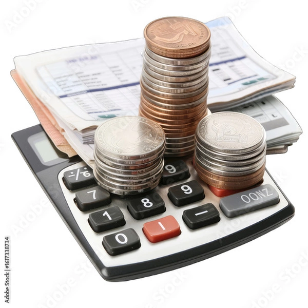 Fototapeta Stacks of coins atop a calculator with financial documents
