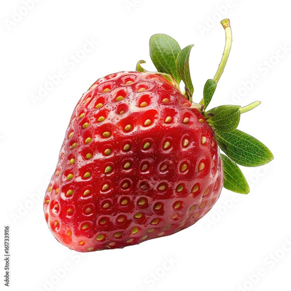 Fototapeta Close-up of a single, vibrant red strawberry, highlighted against a black background.  The strawberry's skin is smooth, with numerous small, light green dots, and shows visible shine.  