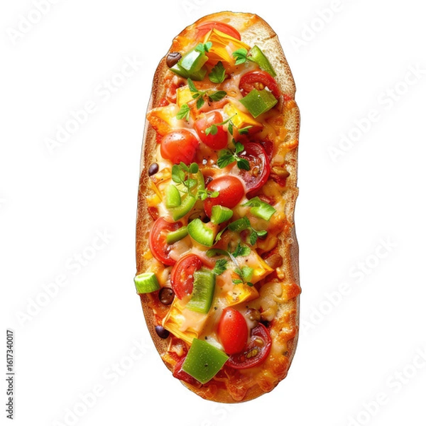 Fototapeta Oval-shaped pizza-style sandwich, topped with colorful veggies and cheese