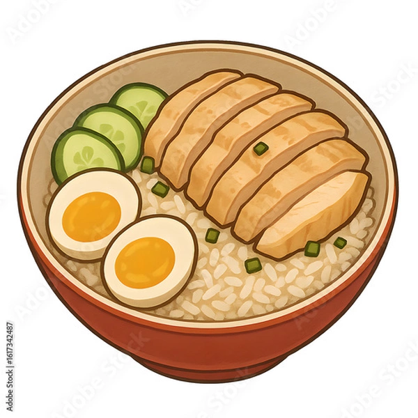 Obraz Hainanese Chicken Rice Bowl Illustration with Eggs on Transparent Background
