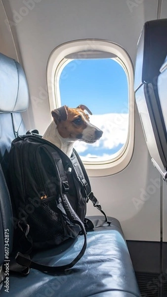 Obraz Dog on airplane looking out window