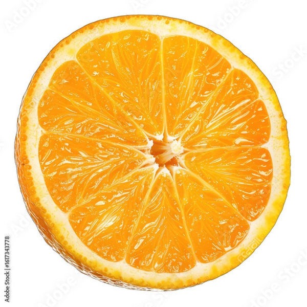 Fototapeta Close-up of an orange slice.  A round, vibrant orange slice, sectioned,  shows the juicy segments radiating from the center.  Bright, rich color, fresh, healthy