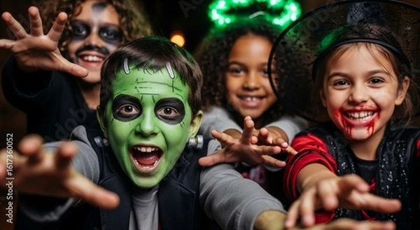 Fototapeta Photo of a group of diverse children in halloween costumes are posing and smiling for the camera at a party
