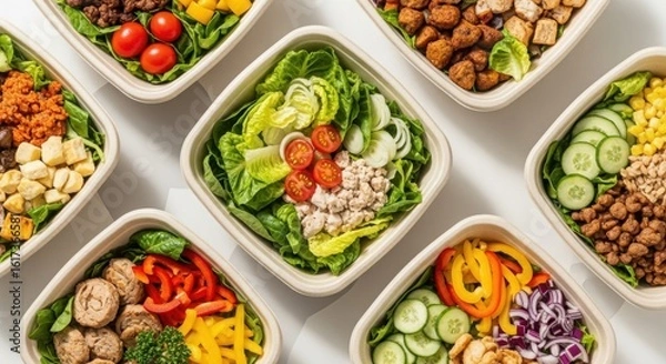 Fototapeta Assortment of fresh and colorful salad bowls filled with healthy vegetables and nutritious ingredients
