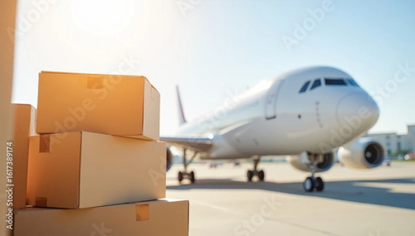 Fototapeta a stack of cardboard boxes on the background of a cargo plane