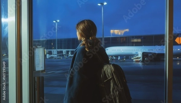 Obraz Facing a midlife crisis woman at airport gate personal reflection evening emotional viewpoint